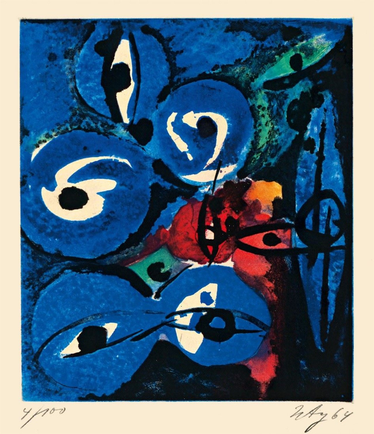 Auf diesem Bild ist das folgende Kunstwerk zu sehen: Ernst Wilhelm Nay. „Farbaquatinta 1964 (NOR)“. 1964.