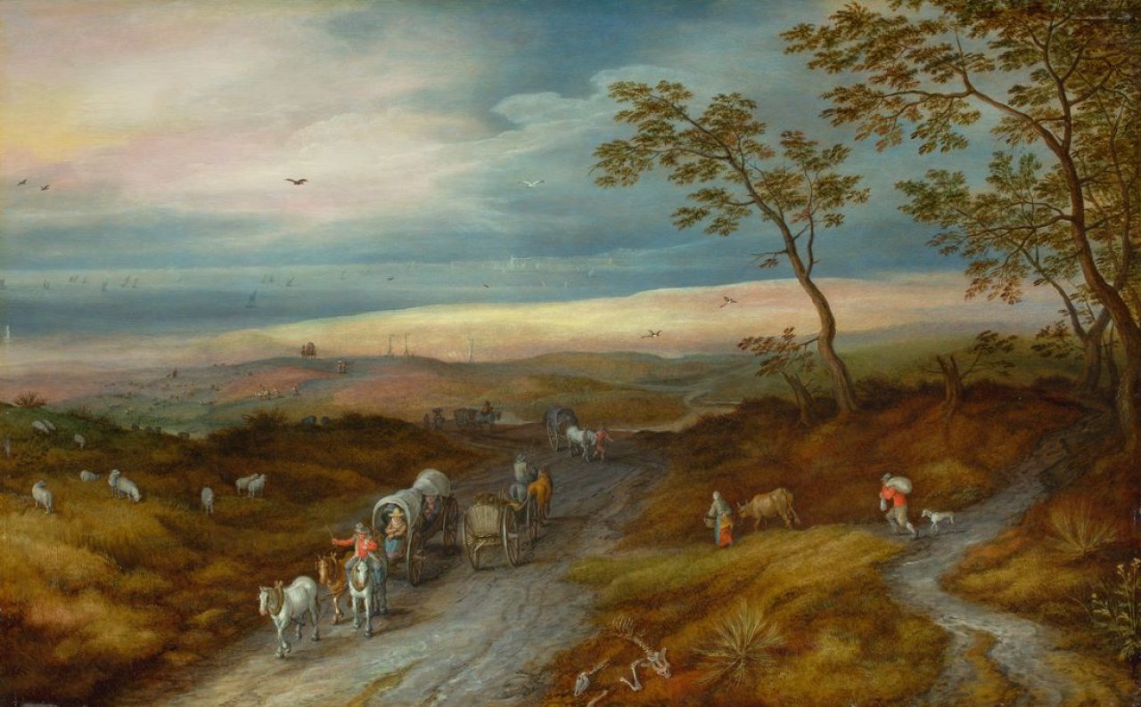 Catalog image of Weite Landschaft mit Planwagen und Pferdekarren. Kurz nach 1626