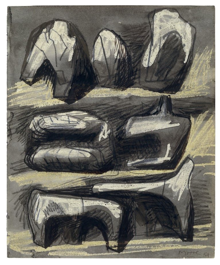 Auf diesem Bild ist das folgende Kunstwerk zu sehen: Henry Moore. Three Reclining Figures. 1959.