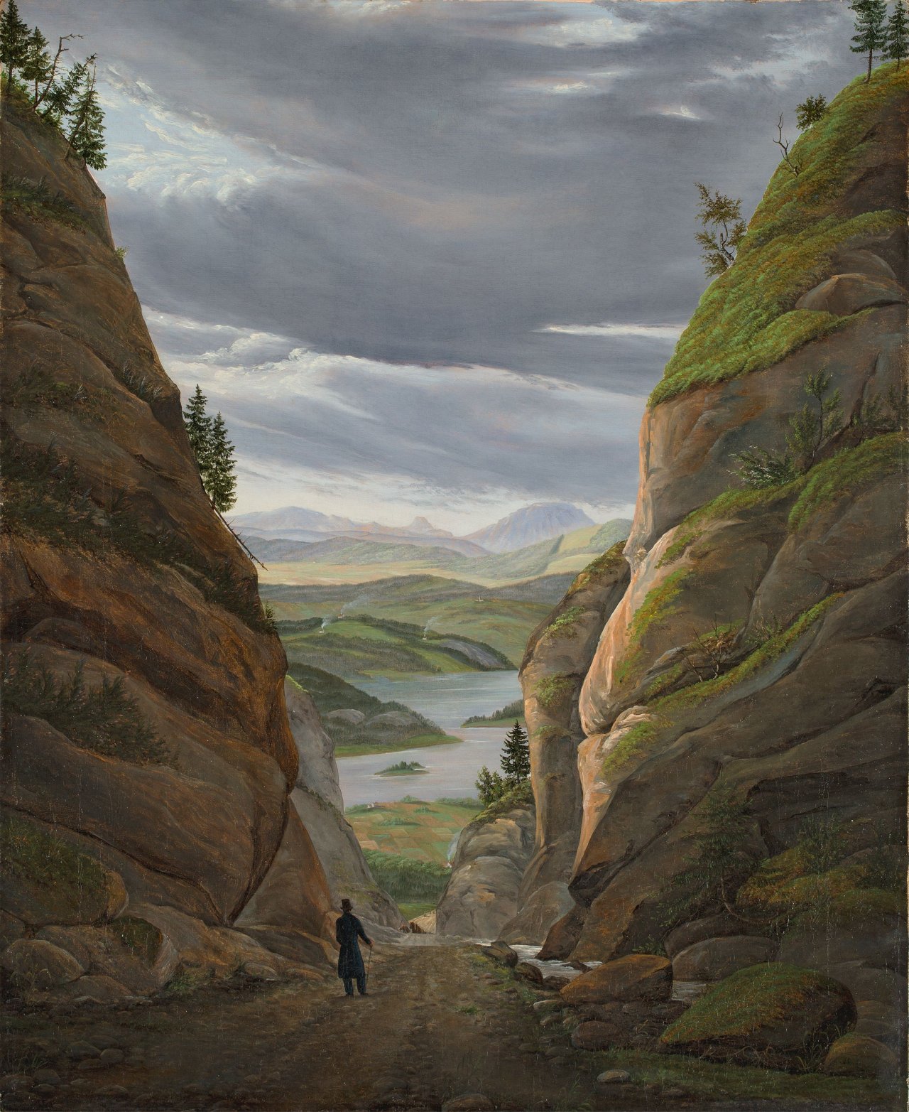Auf diesem Bild ist das folgende Kunstwerk zu sehen: Eduard von Buchan. Wanderer in der Schlucht von Krokkleiva auf dem Weg nach Christiania (Oslo). 1833.