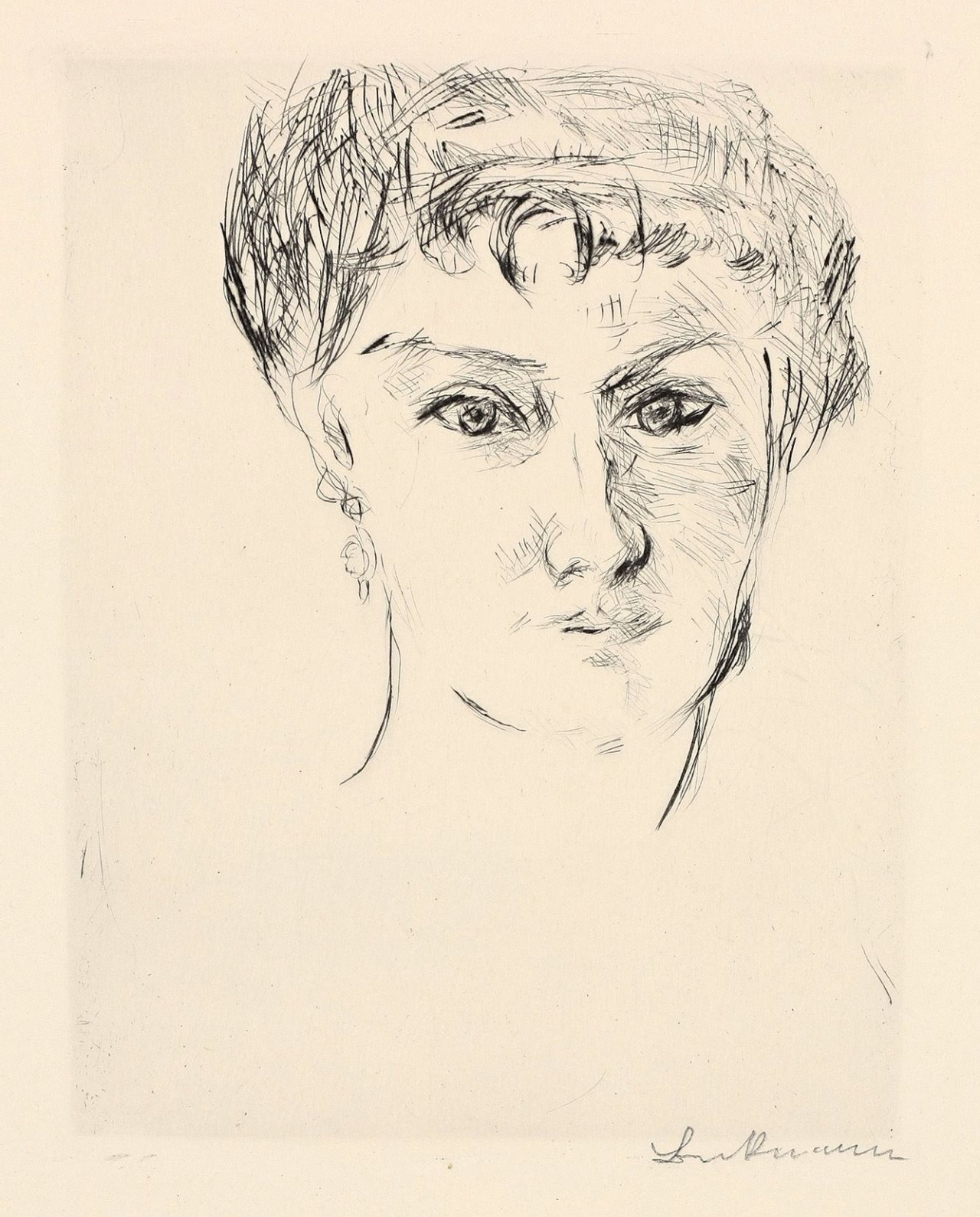 Auf diesem Bild ist das folgende Kunstwerk zu sehen: Max Beckmann. „Mink von vorn mit großer Frisur“. 1913.