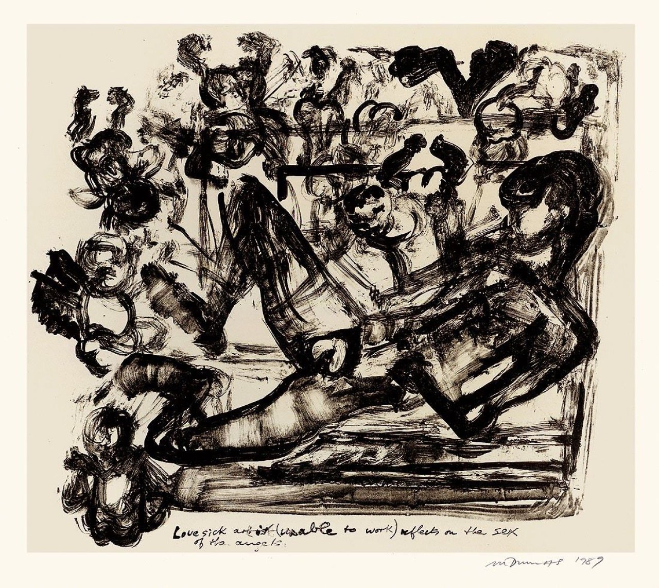 Auf diesem Bild ist das folgende Kunstwerk zu sehen: Marlene Dumas. „Lovesick artist (unable to work) reflects on the sex of the angels“. 1989.