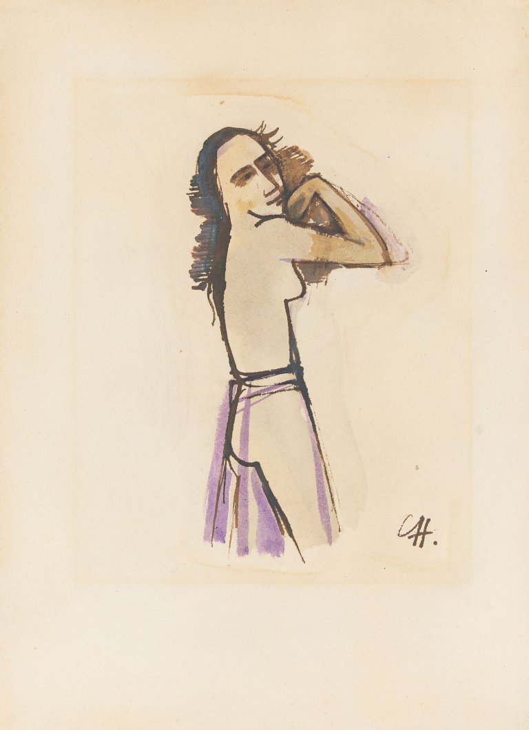Auf diesem Bild ist das folgende Kunstwerk zu sehen: Karl Hofer. Tänzerin mit violettem Rock. Um 1920.