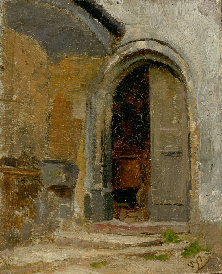 Auf diesem Bild ist das folgende Kunstwerk zu sehen: Wilhelm Lindenschmit d. J.. Hauseingang in Hall in Tirol.
