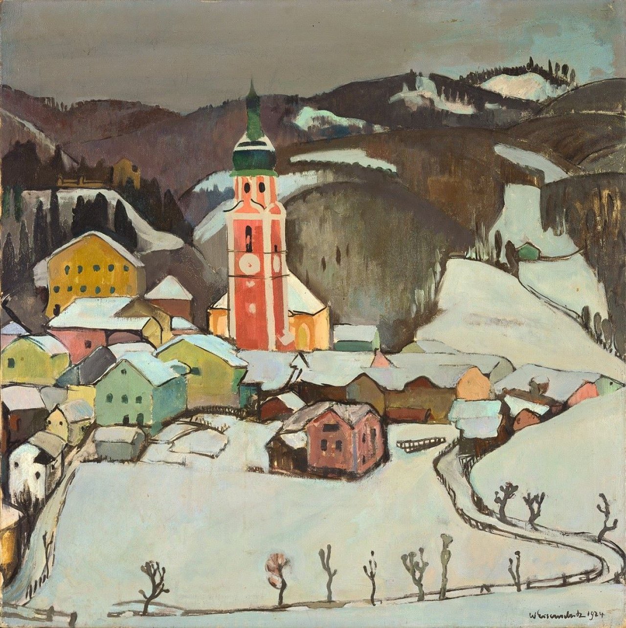 Auf diesem Bild ist das folgende Kunstwerk zu sehen: Willy Eisenschitz. Ansicht von Castelrotto (Kastelruth, Südtirol). 1924.