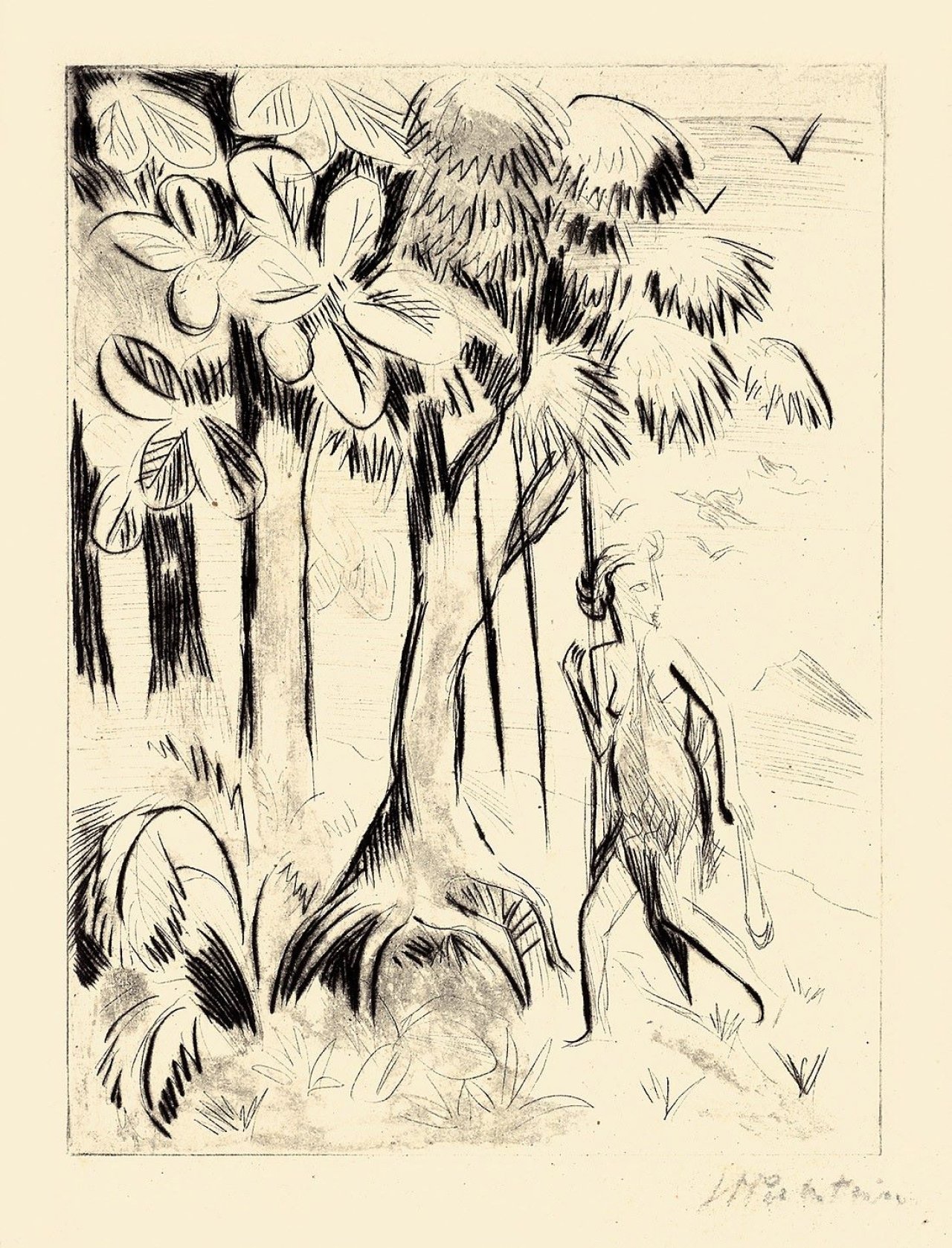 Auf diesem Bild ist das folgende Kunstwerk zu sehen: Max Pechstein. „Yali V (Das Mädchen auf der Flucht)“ / „Yali VI (Das Mädchen mit den Vögeln)“ / „Yali VIII (Das weiße Weib mit den farbigen Kindern)“. 1923.