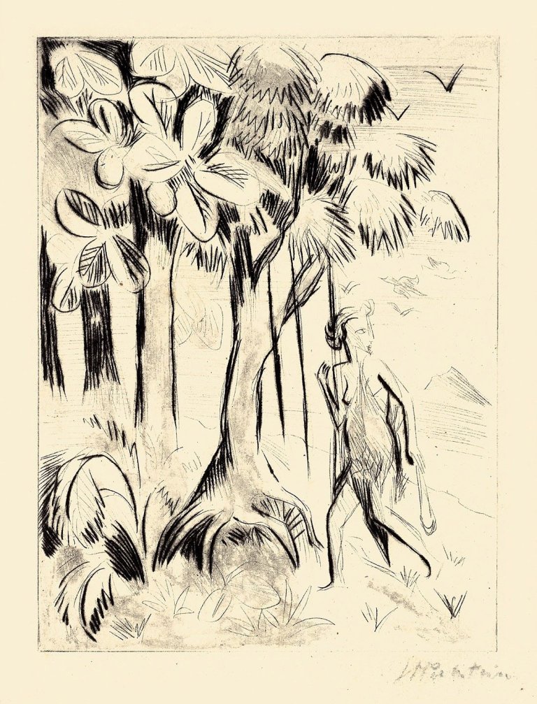 Auf diesem Bild ist das folgende Kunstwerk zu sehen: Max Pechstein. „Yali V (Das Mädchen auf der Flucht)“ / „Yali VI (Das Mädchen mit den Vögeln)“ / „Yali VIII (Das weiße Weib mit den farbigen Kindern)“. 1923.