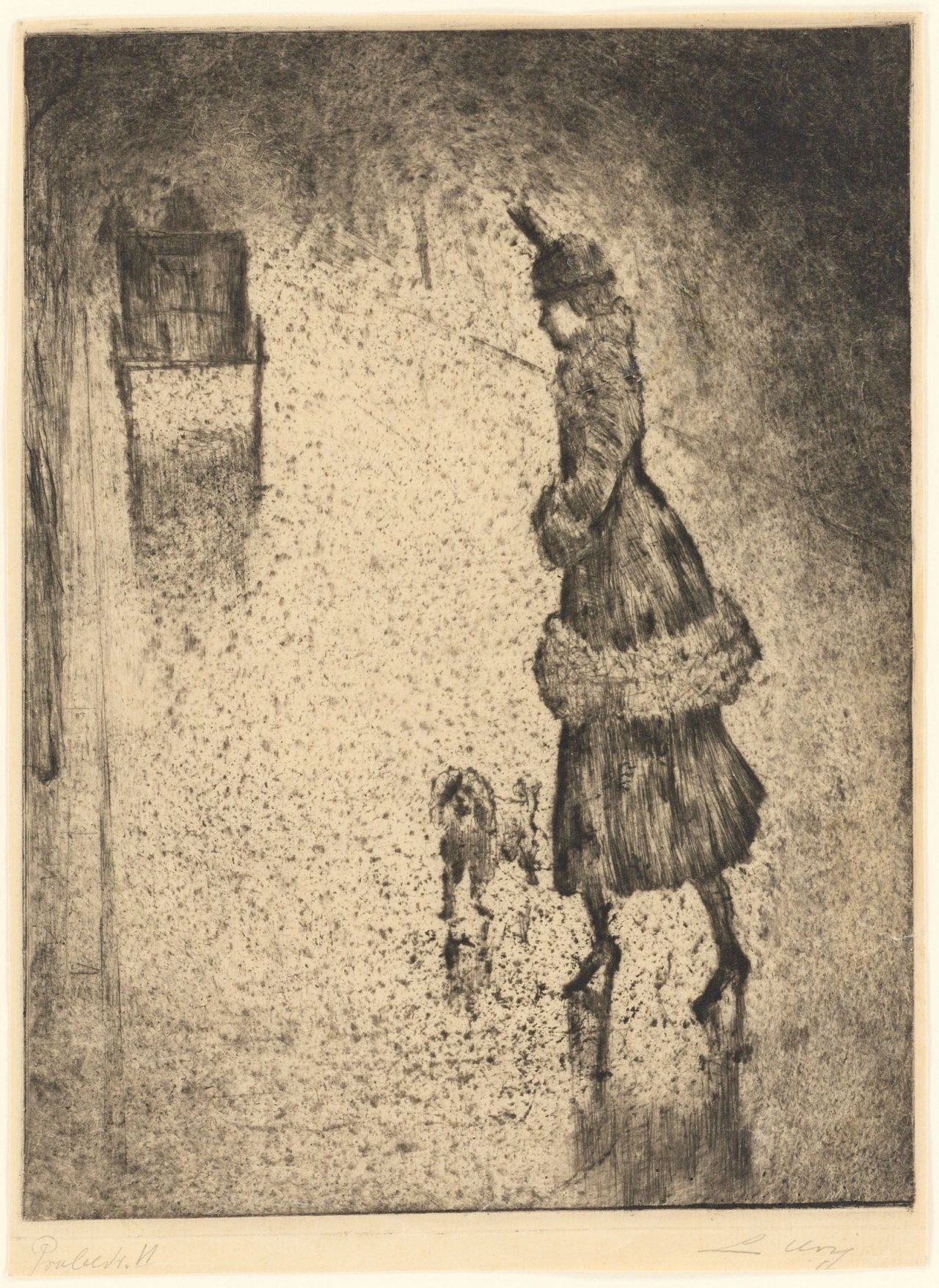 This picture shows the following artwork: Lesser Ury. „Dame mit Pudel auf regennasser Straße (Droschke links)“. 1921.