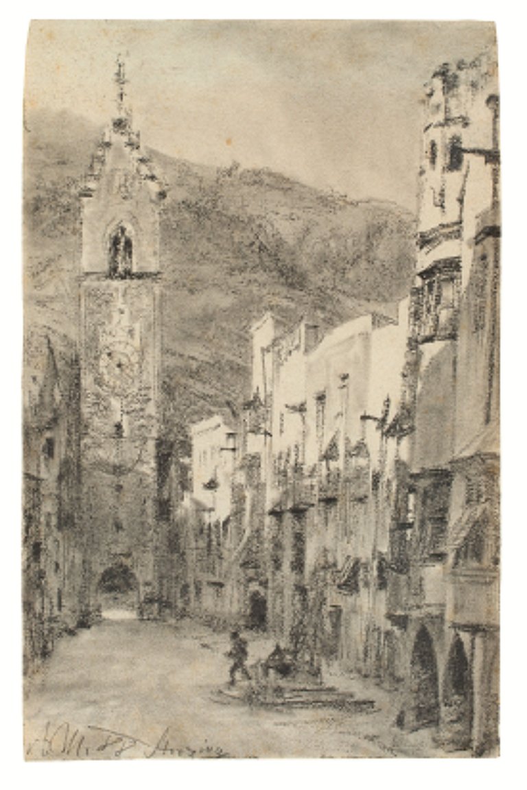 Auf diesem Bild ist das folgende Kunstwerk zu sehen: Adolph Menzel. Der Zwölferturm in Sterzing. 1888.