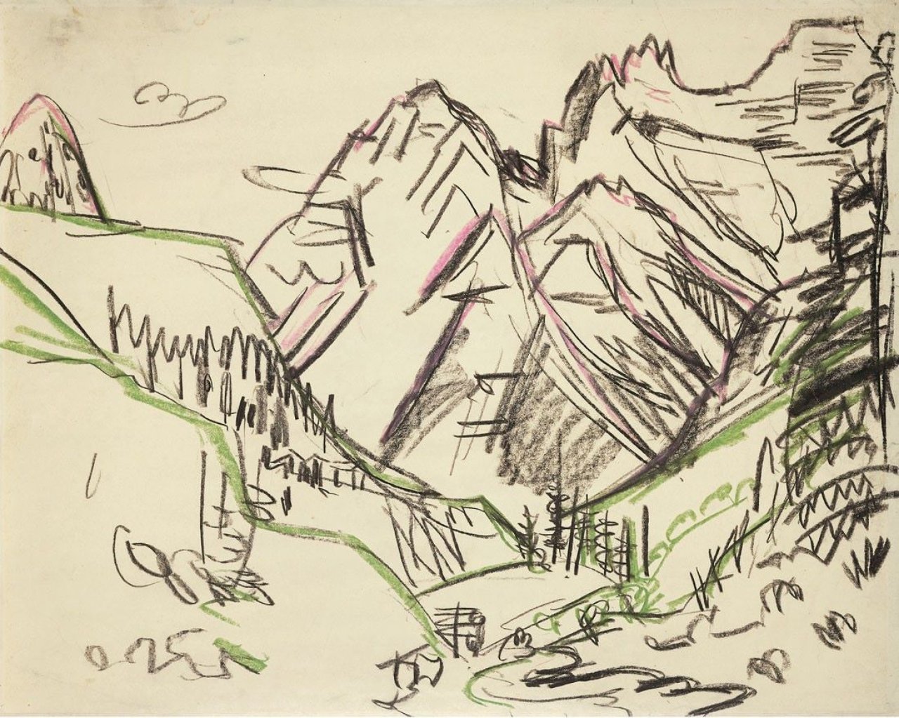 Auf diesem Bild ist das folgende Kunstwerk zu sehen: Ernst Ludwig Kirchner. Berglandschaft (Sertigtal). Um 1923.