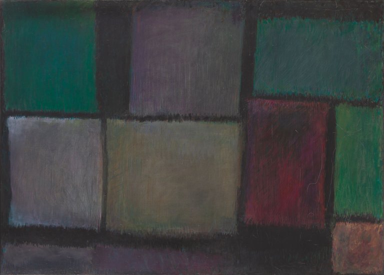 Auf diesem Bild ist das folgende Kunstwerk zu sehen: Georg Meistermann. „Dunkle Felder“. 1960.