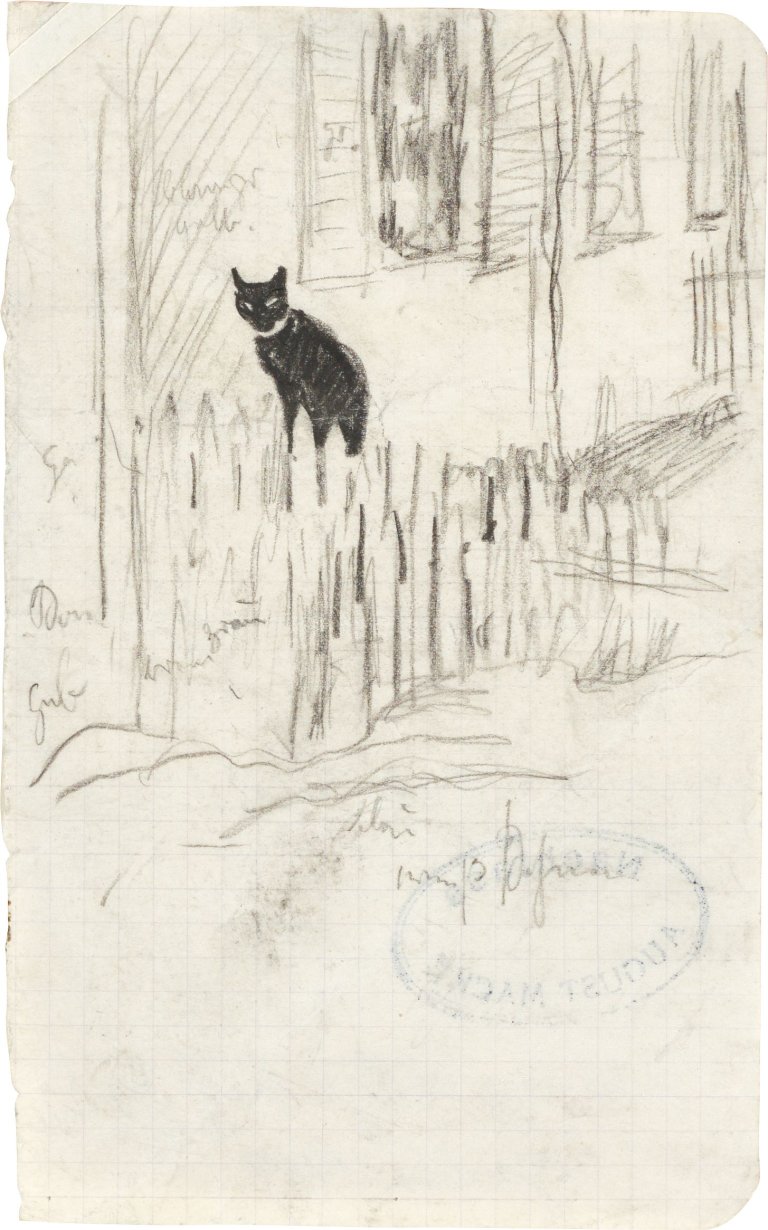 Auf diesem Bild ist das folgende Kunstwerk zu sehen: August Macke. „Schwarzer Kater auf Zaun“. 1909.