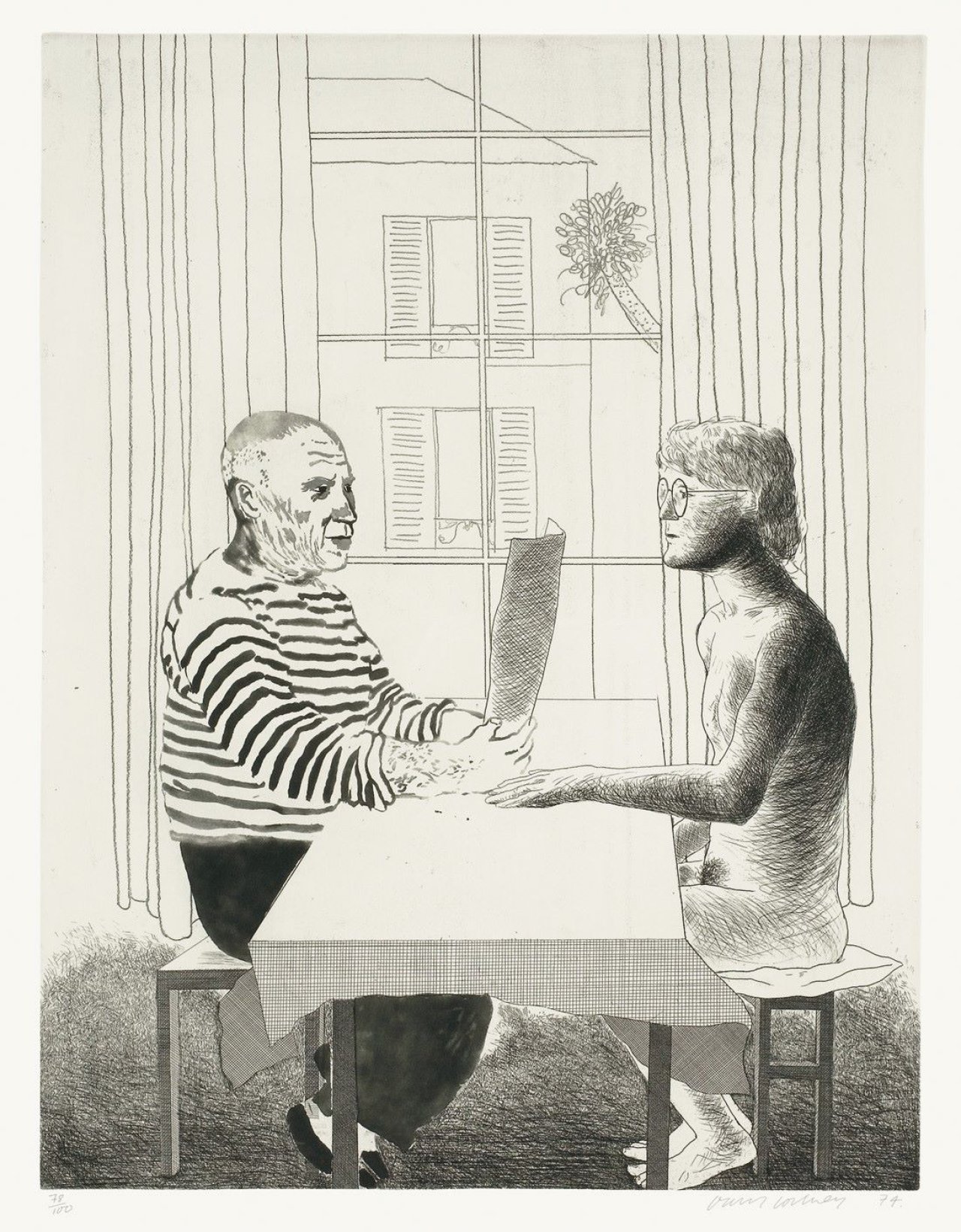Auf diesem Bild ist das folgende Kunstwerk zu sehen: David Hockney. „Artist and Model“. 1974.