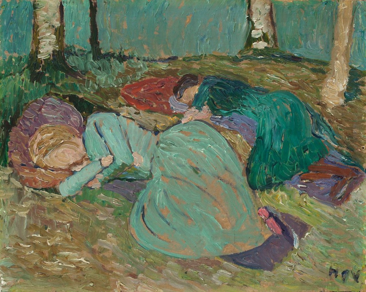 This picture shows the following artwork: Heinrich Vogeler. „Martha Vogeler und Paula Modersohn-Becker im Garten schlafend“. Circa 1904.