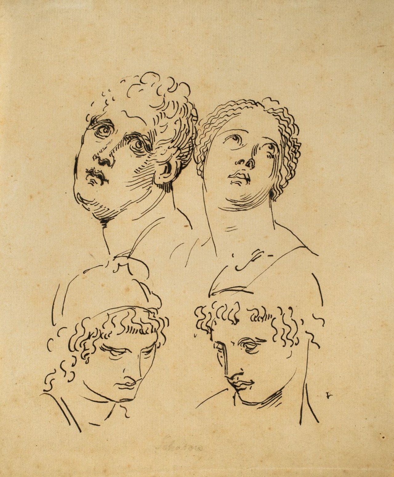 Auf diesem Bild ist das folgende Kunstwerk zu sehen: Johann Gottfried Schadow. „Skizzenblatt mit vier Köpfen“. Wohl um 1835.