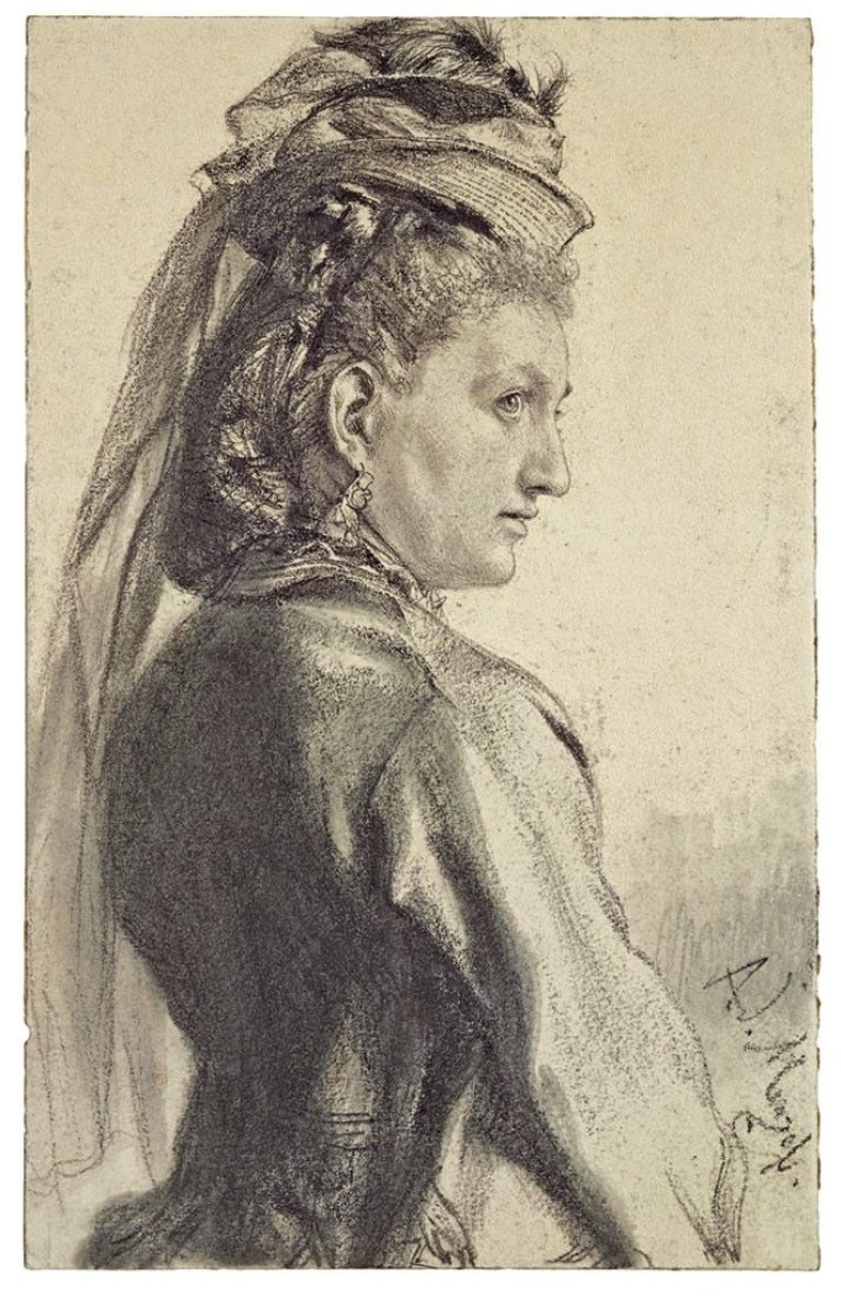 Auf diesem Bild ist das folgende Kunstwerk zu sehen: Adolph Menzel. Frau mit Hut im Profil nach rechts.