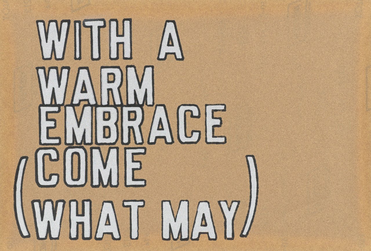 Auf diesem Bild ist das folgende Kunstwerk zu sehen: Lawrence Weiner. „With a warm Embrace (Come what May)“. 1995.