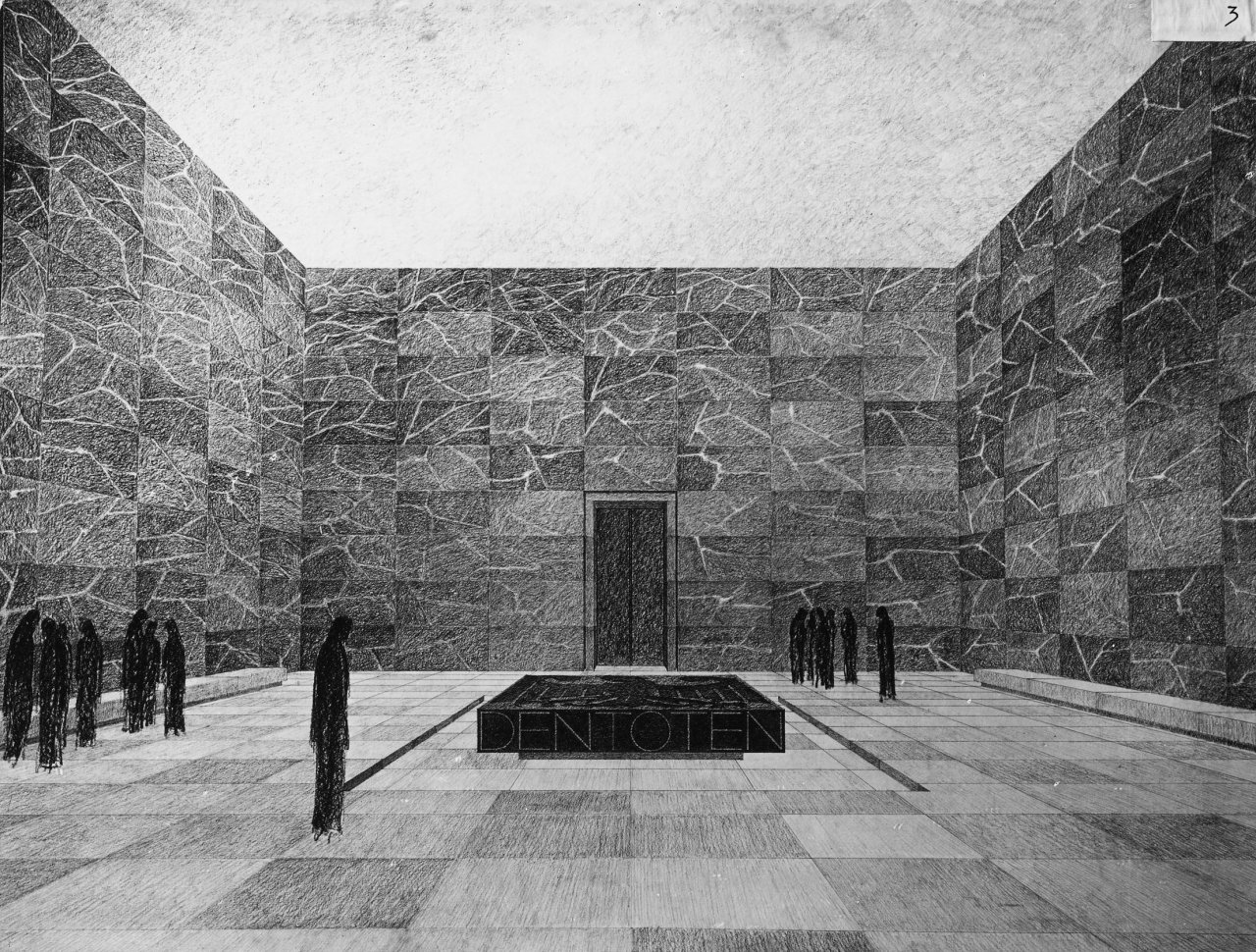 Auf diesem Bild ist das folgende Kunstwerk zu sehen:  Berliner Bild-Bericht. Umgestaltung der Neuen Wache, Berlin. Zeichnung Sergius Rügenberg nach Entwurf von Ludwig Mies van der Rohe. 1930.