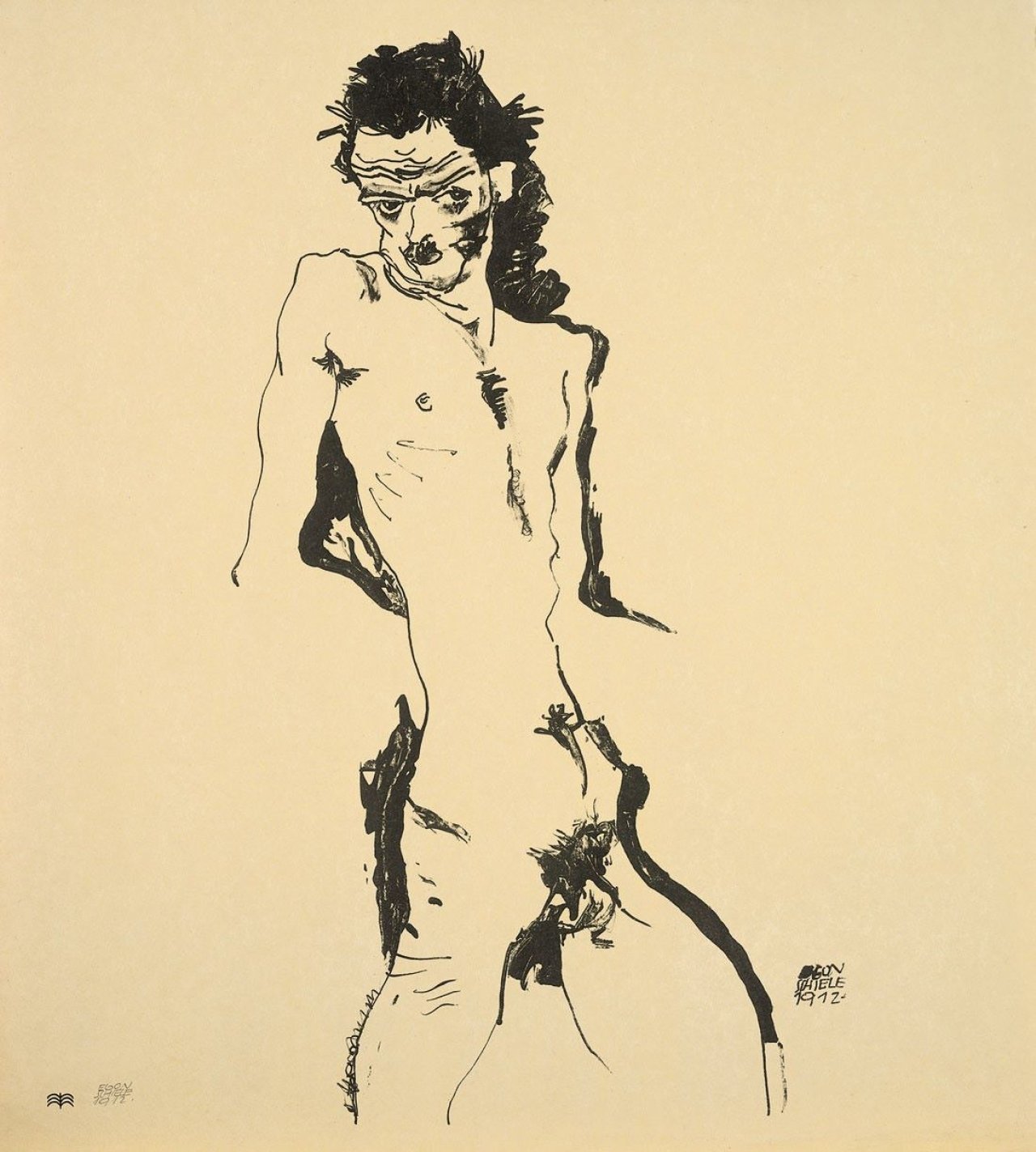 Auf diesem Bild ist das folgende Kunstwerk zu sehen: Egon Schiele. „Männlicher Akt (Selbstbildnis) I“. 1912.