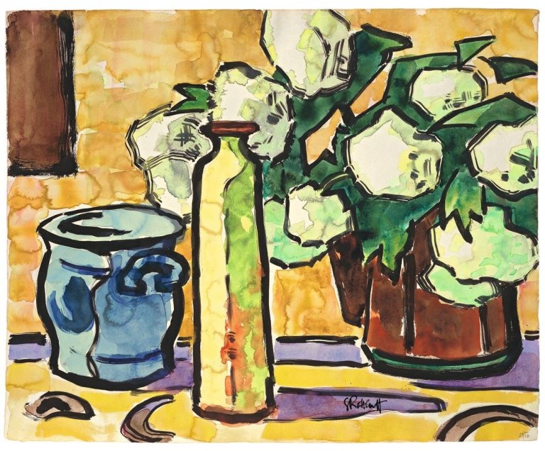 Auf diesem Bild ist das folgende Kunstwerk zu sehen: Karl Schmidt-Rottluff. „Schneeball und Steintopf“. 1959.