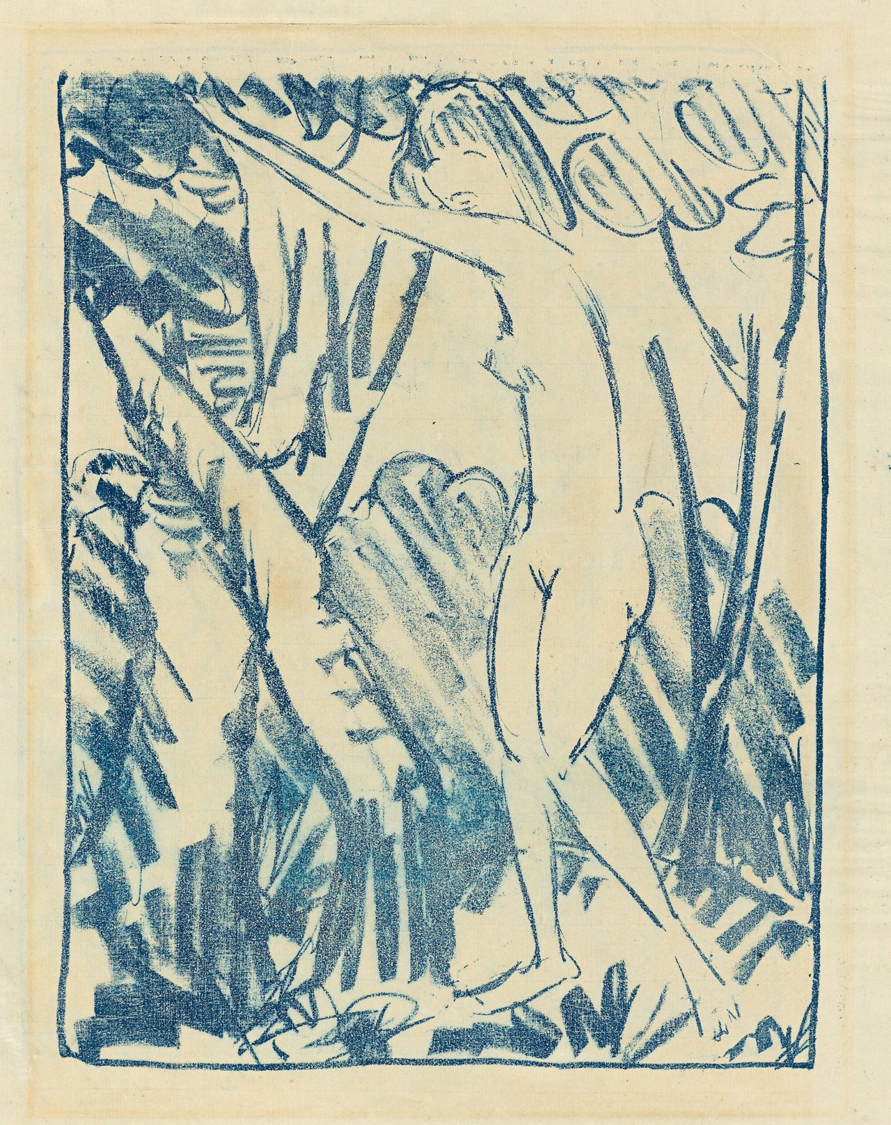 Auf diesem Bild ist das folgende Kunstwerk zu sehen: Otto Mueller. „Zwischen Bäumen stehendes Mädchen“. 1924-27.