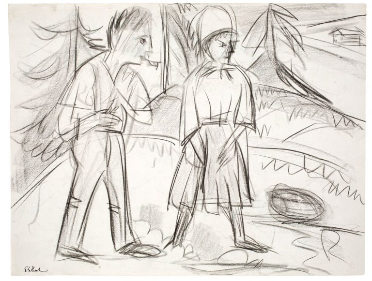 Auf diesem Bild ist das folgende Kunstwerk zu sehen: Ernst Ludwig Kirchner. Stehende Bauern. Um 1920/22.