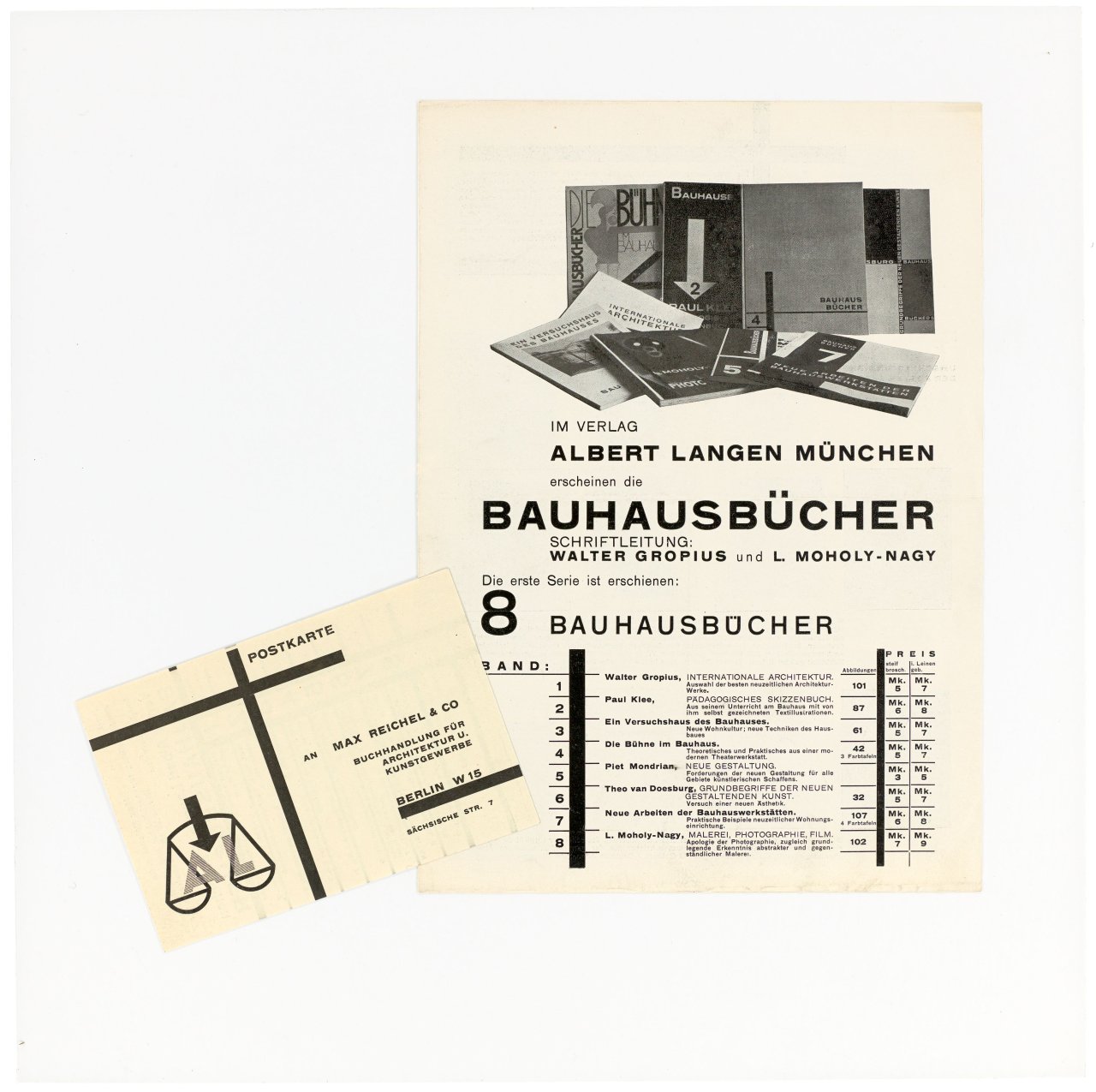 Auf diesem Bild ist das folgende Kunstwerk zu sehen: László Moholy-Nagy. Prospekt für die Bauhaus-Bücher mit Postkarte. 1926.
