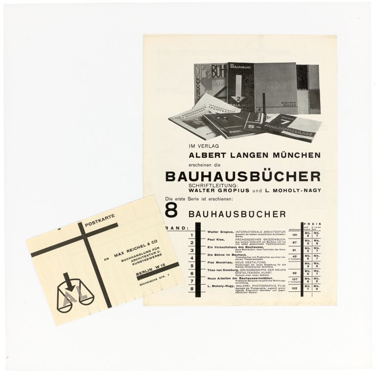 Auf diesem Bild ist das folgende Kunstwerk zu sehen: László Moholy-Nagy. Prospekt für die Bauhaus-Bücher mit Postkarte. 1926.