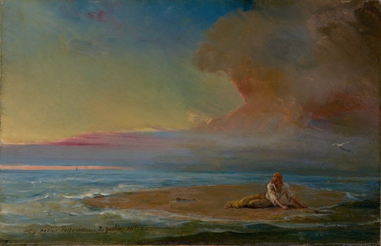 Auf diesem Bild ist das folgende Kunstwerk zu sehen: Théodore Gudin. Schiffbrüchiger im Abendlicht.