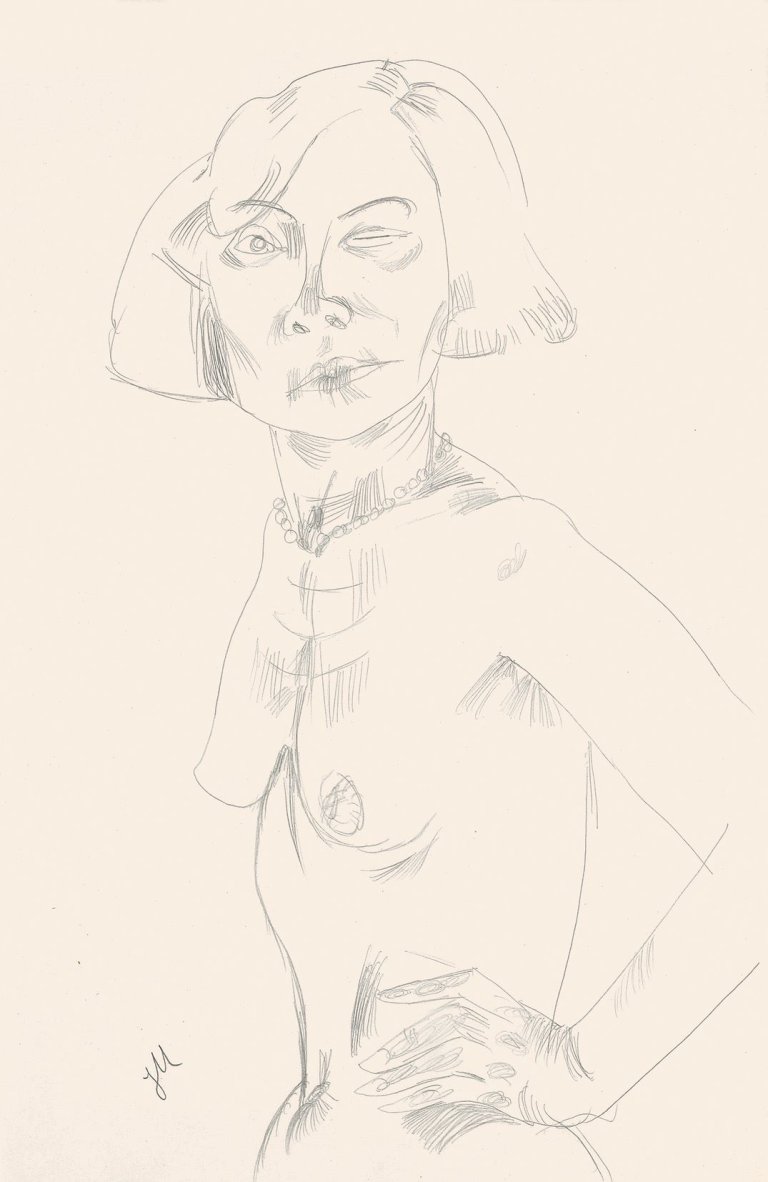 Auf diesem Bild ist das folgende Kunstwerk zu sehen: Jeanne Mammen. „Stehender weiblicher Halbakt mit Perlenkette, linke Hand in Hüfte gestützt, von links“. Um 1930.