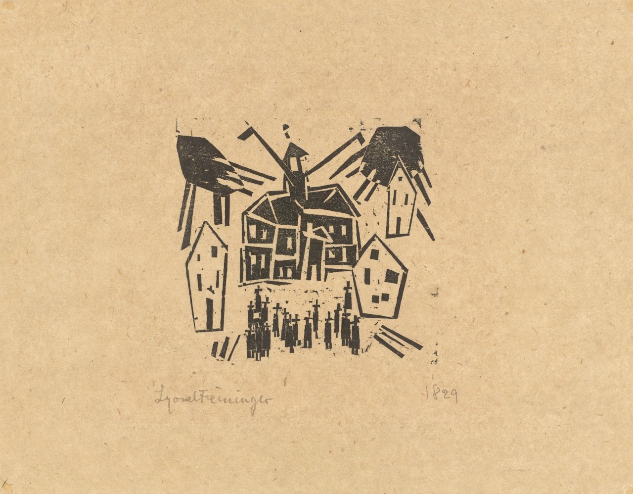 Auf diesem Bild ist das folgende Kunstwerk zu sehen: Lyonel Feininger. „Rathaus (mit einer Versammlung im Vordergrund)“. 1918.