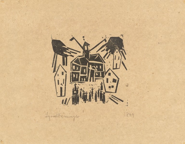 Auf diesem Bild ist das folgende Kunstwerk zu sehen: Lyonel Feininger. „Rathaus (mit einer Versammlung im Vordergrund)“. 1918.