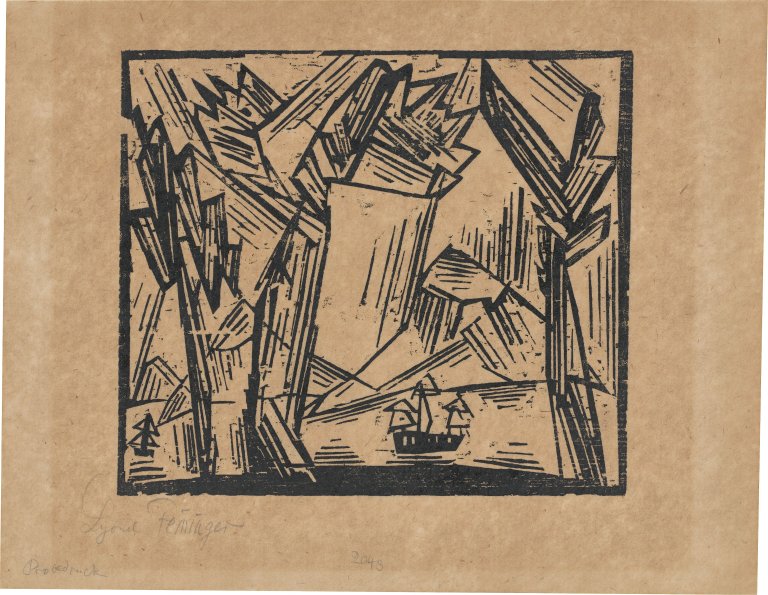 Auf diesem Bild ist das folgende Kunstwerk zu sehen: Lyonel Feininger. „Tahiti (Schiffe im Fjord)“. 1920.