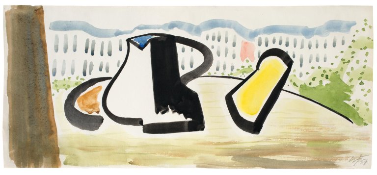 Auf diesem Bild ist das folgende Kunstwerk zu sehen: Werner Heldt. „Stilleben vor Häuserfront“. 1954.