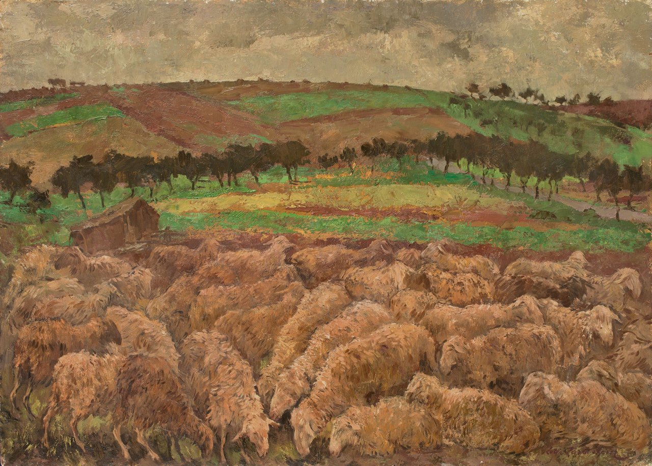 Auf diesem Bild ist das folgende Kunstwerk zu sehen: Lotte Laserstein. „Schafe auf der Weide I“. Um 1934.