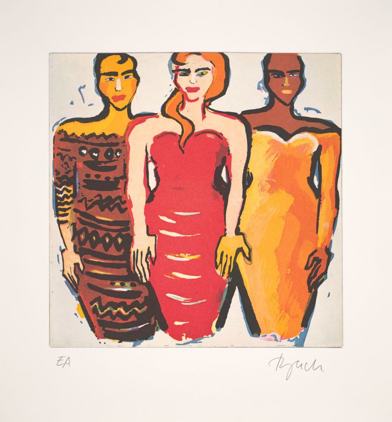 Auf diesem Bild ist das folgende Kunstwerk zu sehen: Elvira Bach. Drei Frauen.