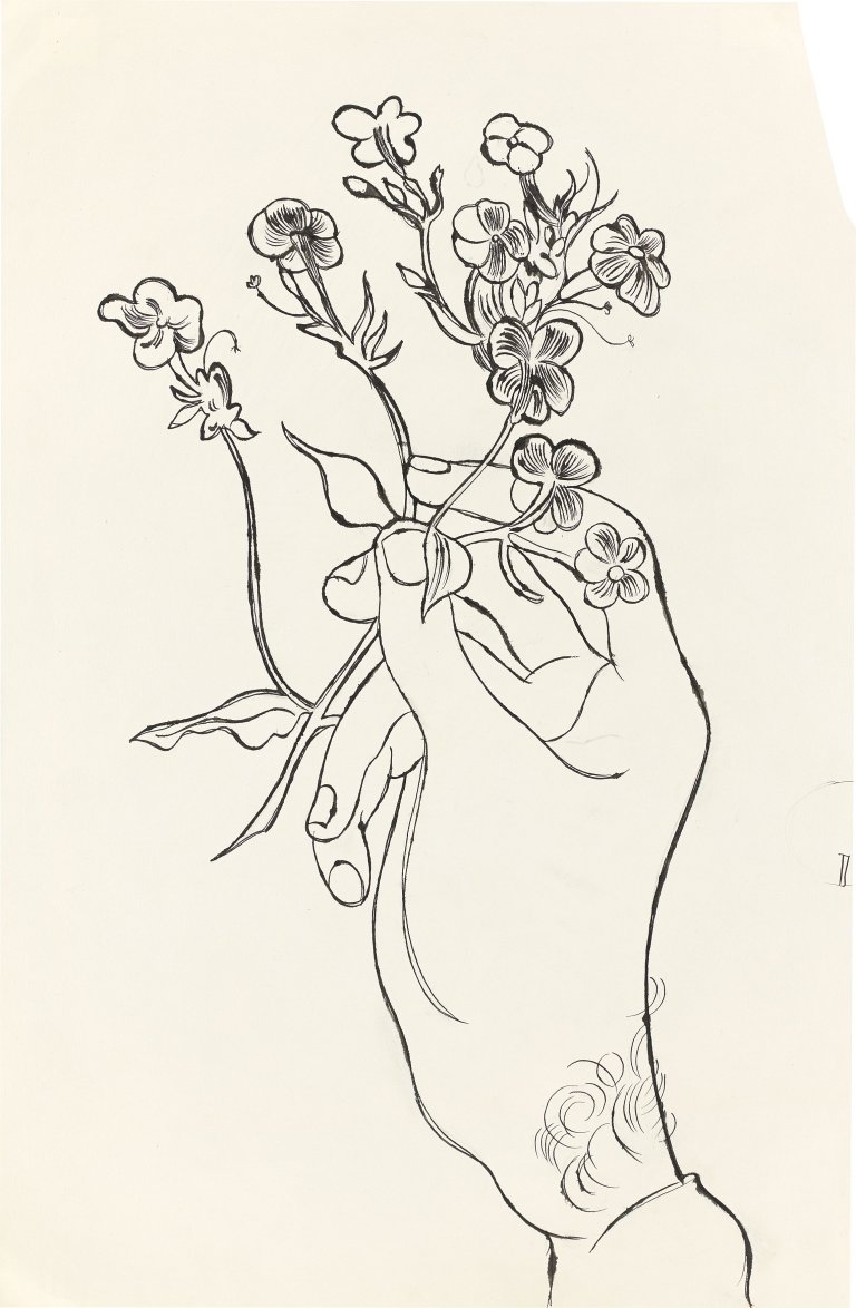 This picture shows the following artwork: Andy Warhol. Hand and Flowers. Approx. 1954.