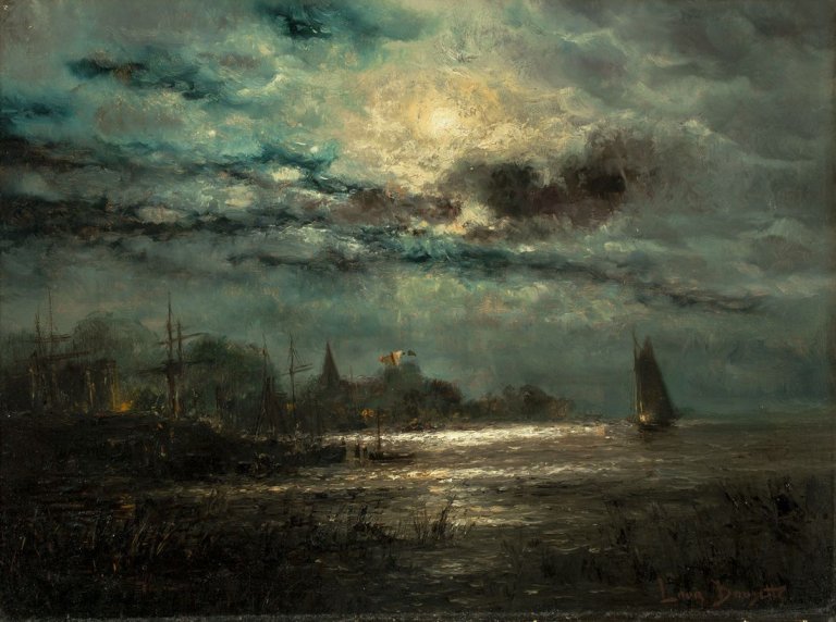 Auf diesem Bild ist das folgende Kunstwerk zu sehen: Louis Douzette. Mondnacht am Barther Bodden.