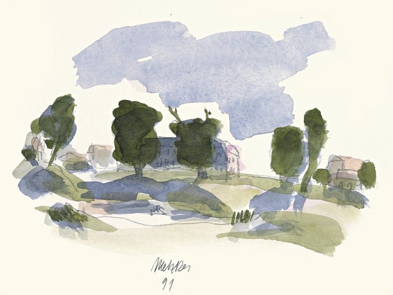 Auf diesem Bild ist das folgende Kunstwerk zu sehen: Harald Metzkes. „Harald Metzkes – Brandenburgischer Triangel, Gang durch eine Landschaft“. 1991.