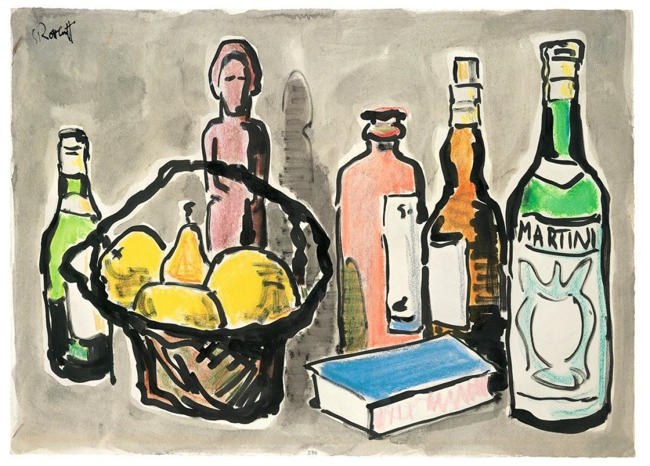 Auf diesem Bild ist das folgende Kunstwerk zu sehen: Karl Schmidt-Rottluff. „Flaschenbatterie“. 1958.