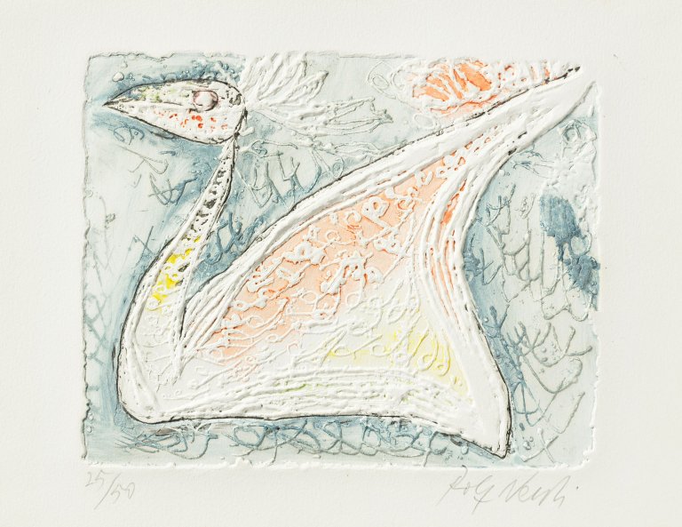 Auf diesem Bild ist das folgende Kunstwerk zu sehen: Rolf Nesch. „The Swan“. 1968.