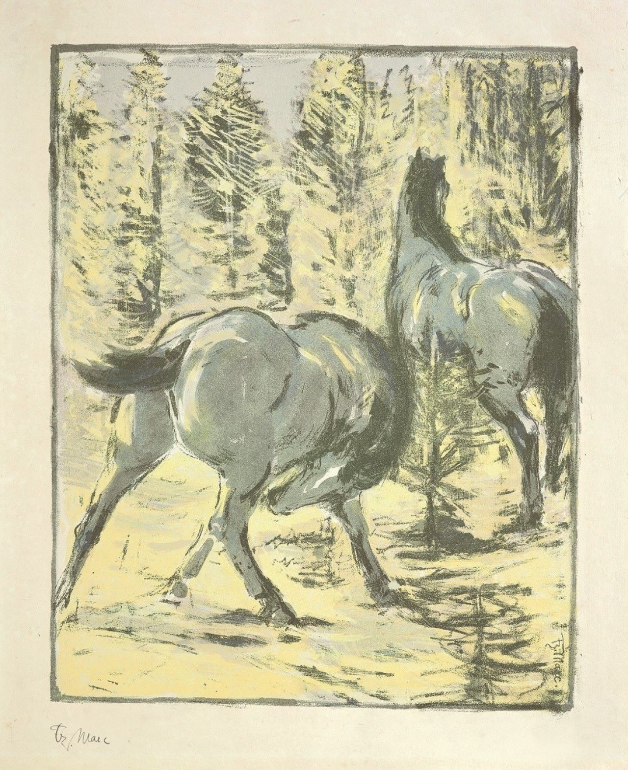 Auf diesem Bild ist das folgende Kunstwerk zu sehen: Franz Marc. „Pferde in der Schwemme“ („Pferde in der Sonne“). 1908.