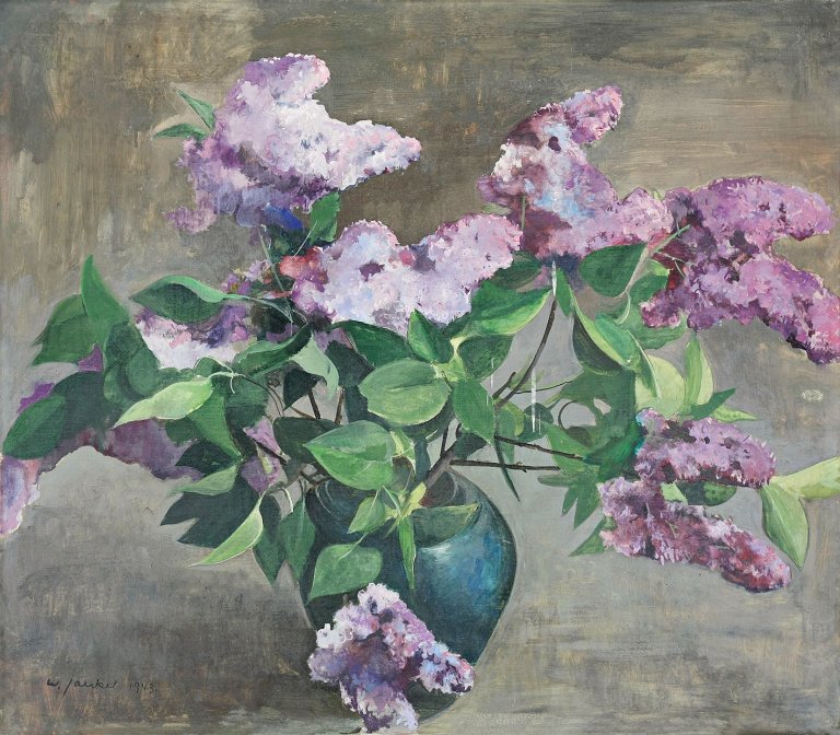 Auf diesem Bild ist das folgende Kunstwerk zu sehen: Willy Jaeckel. „Blauer Flieder in grüner Vase“. 1943.