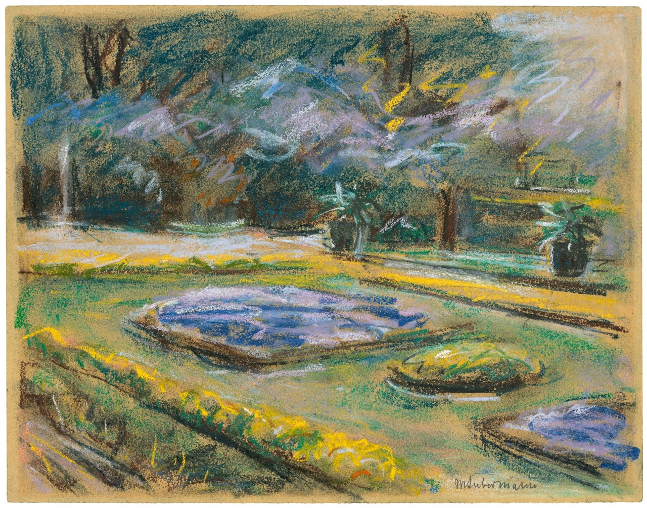 Auf diesem Bild ist das folgende Kunstwerk zu sehen: Max Liebermann. Die Blumenterrasse im Wannseegarten nach Nordosten. Um 1923.