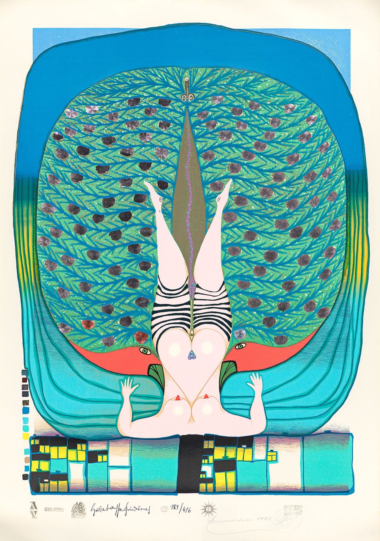 Auf diesem Bild ist das folgende Kunstwerk zu sehen: Friedensreich Hundertwasser. „Hommage à Schröder-Sonnenstern“. 1972.
