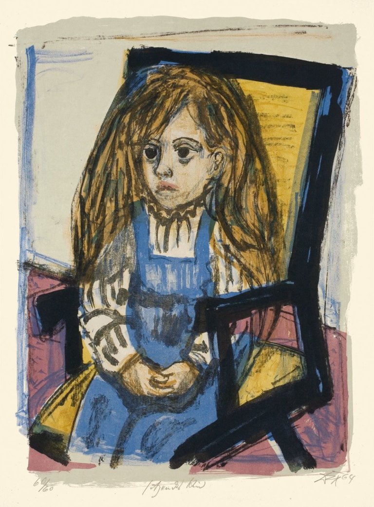 Auf diesem Bild ist das folgende Kunstwerk zu sehen: Otto Dix. „Sitzendes Kind (im Stuhl)“. 1964.