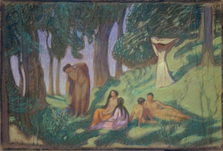 Auf diesem Bild ist das folgende Kunstwerk zu sehen: Ludwig von Hofmann. Waldidyll mit Knaben und Mädchen.