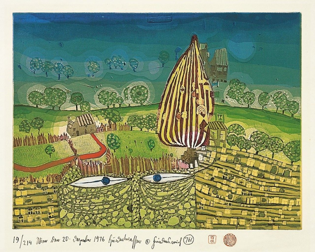 This picture shows the following artwork: Friedensreich Hundertwasser. „Gib acht wenn Du über die Prärie gehst“ / „ The Death of thousand windows“. 1976.