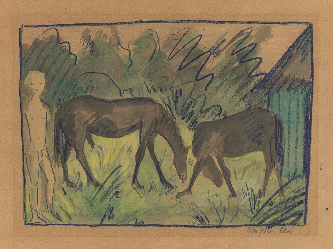 Auf diesem Bild ist das folgende Kunstwerk zu sehen: Otto Mueller. „Zwei Pferde mit Junge und Hütte“. Um 1924.