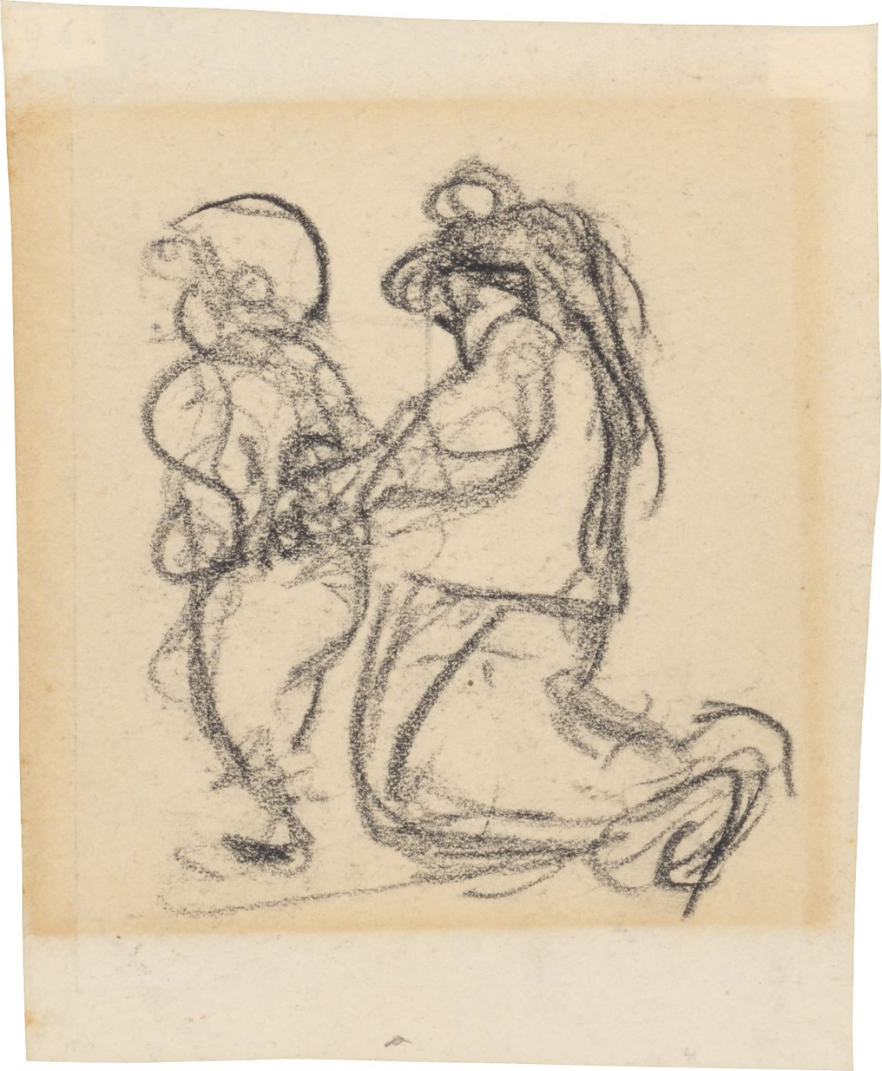 Auf diesem Bild ist das folgende Kunstwerk zu sehen: Heinrich Zille. Knieende Mutter, ihrem Kind die Hosen hoch ziehend.